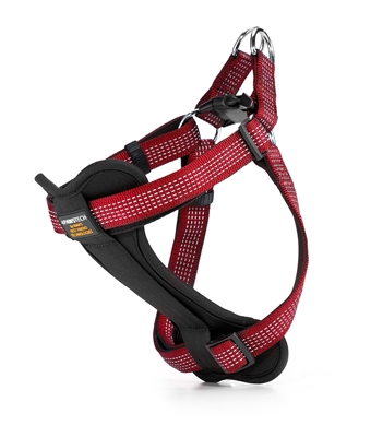 red padded dog harness with reflective stitching